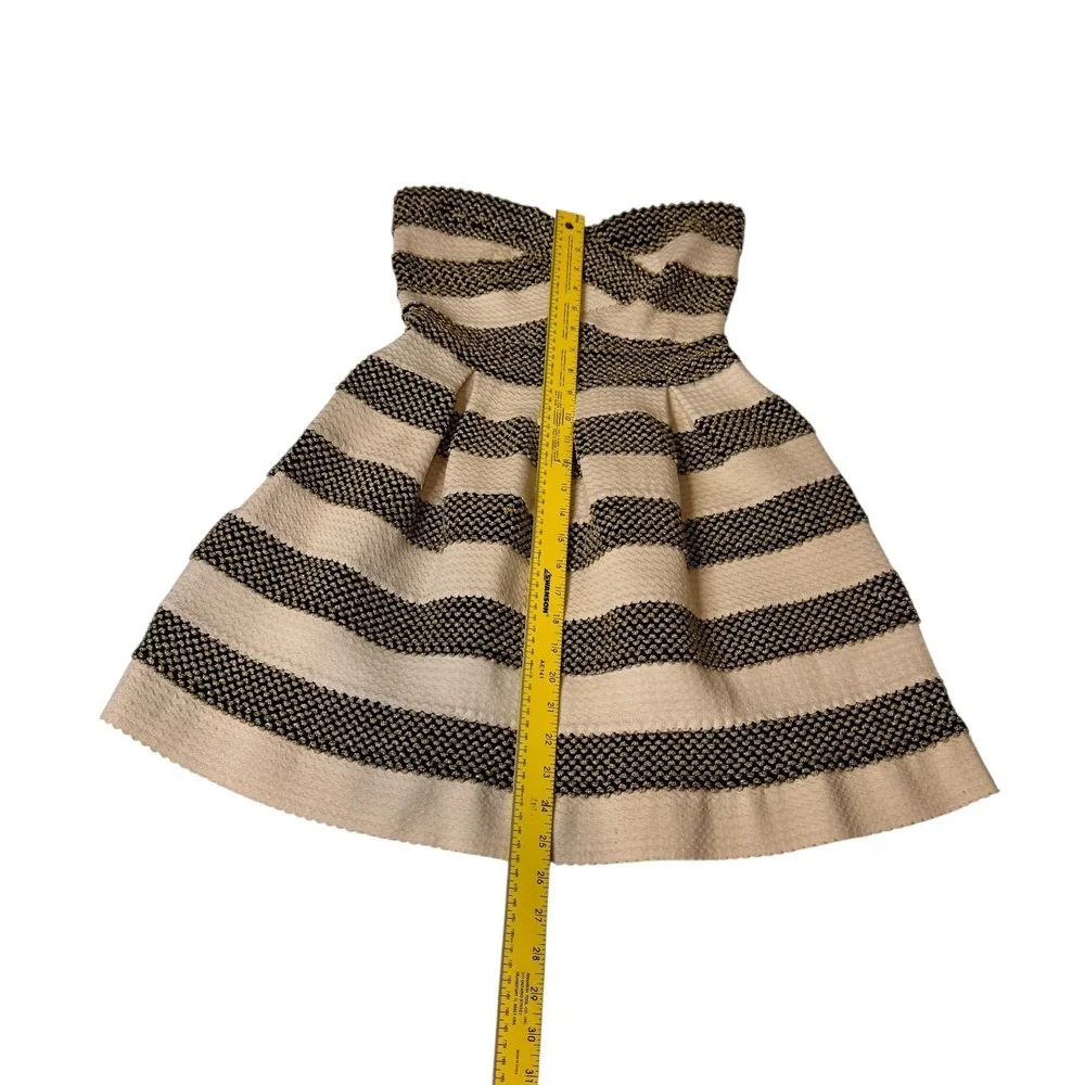 Lore Black Gold Cream Striped Strapless Pleated Fit and Flare Dress Size M Lo're